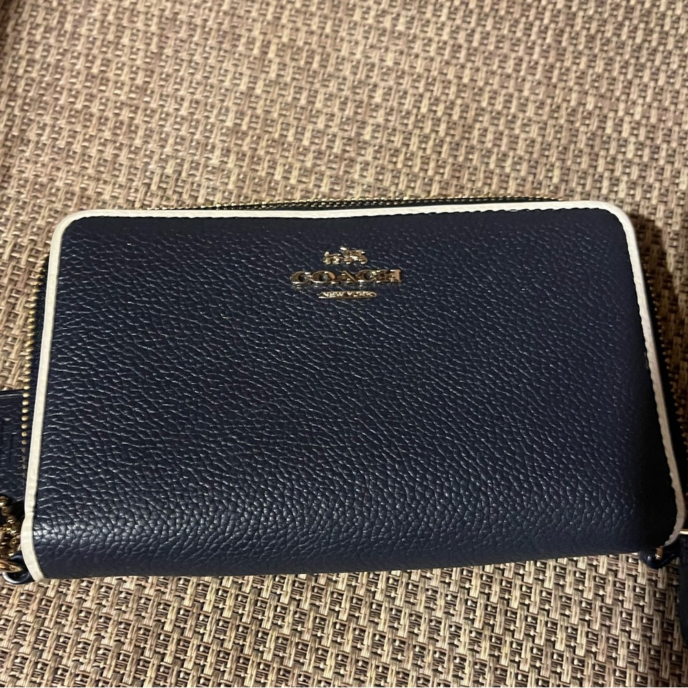 Coach Dark Blue Leather Wristlet with White Trim